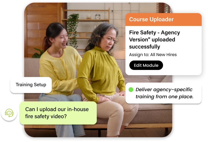 Learn2Care custom course upload feature showing agency specific caregiver training with AI course builder