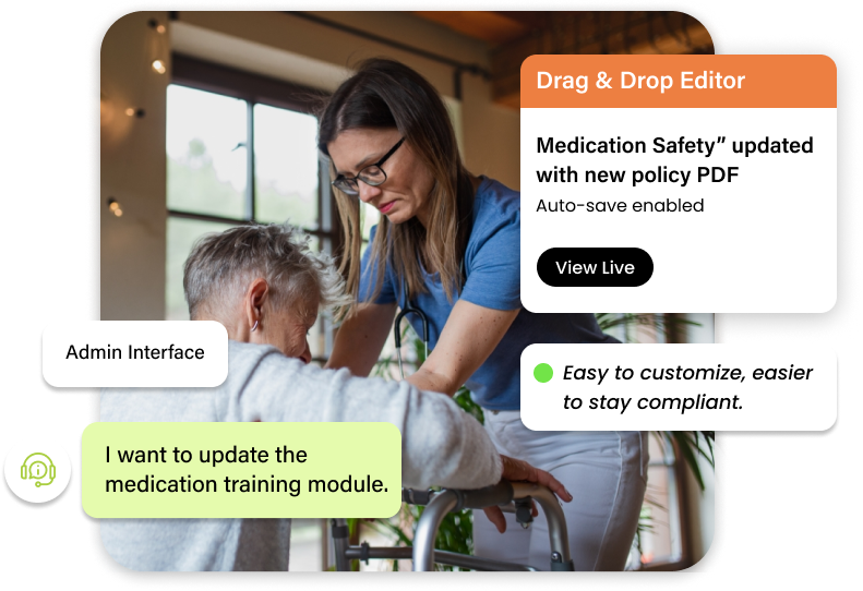 Learn2Care drag and drop course builder interface for creating caregiver training programs