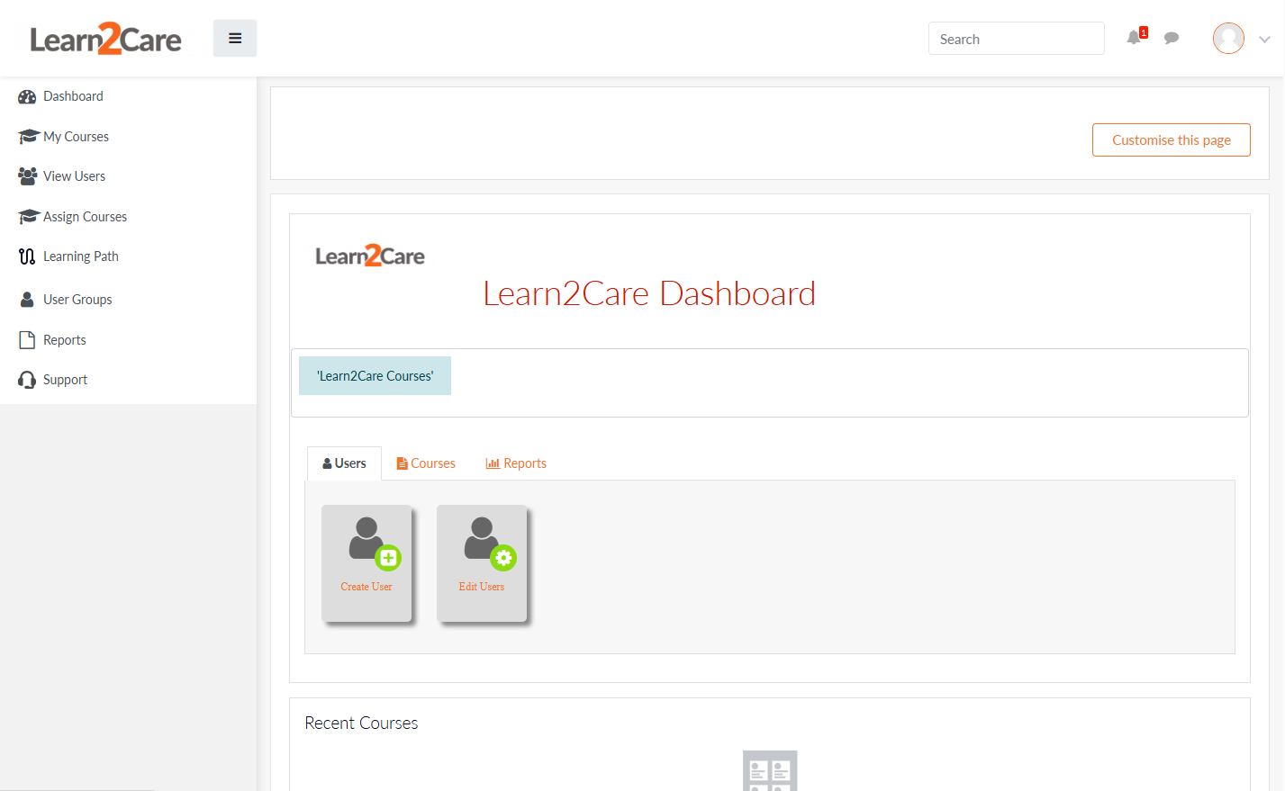 Dashboard view of caregiver training software by Learn2Care