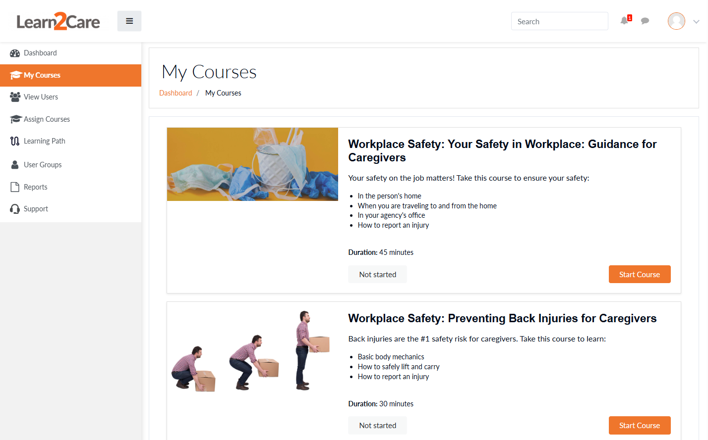 Dashboard showing tailored caregiver training by role and state regulation