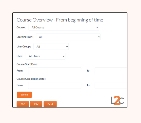 Course overview page with filtering & export options - Learn2Care